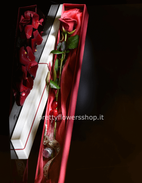 scatola con rosa rossa lunga